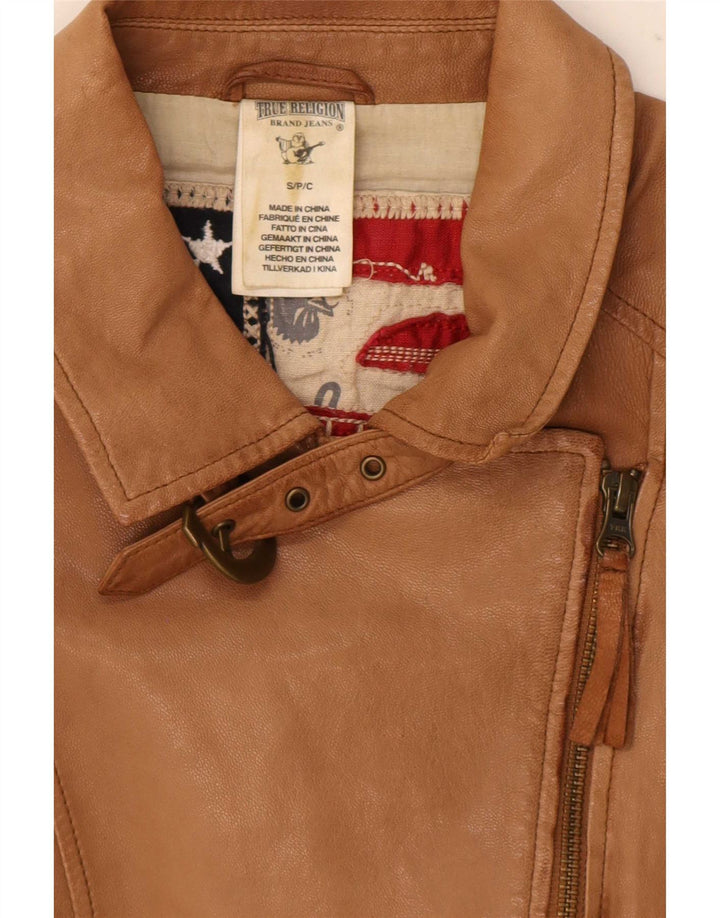 True Religion Damen-Bikerjacke aus Leder, UK 10, Größe S, Beige, Farbblock