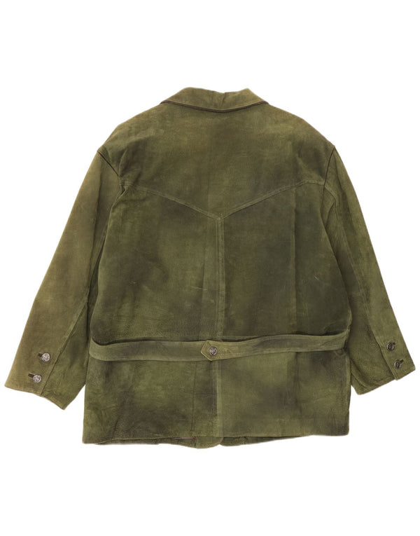 Vintage Damen 3-Knopf-Wildleder-Blazerjacke EU 50 3XL Grünes Leder