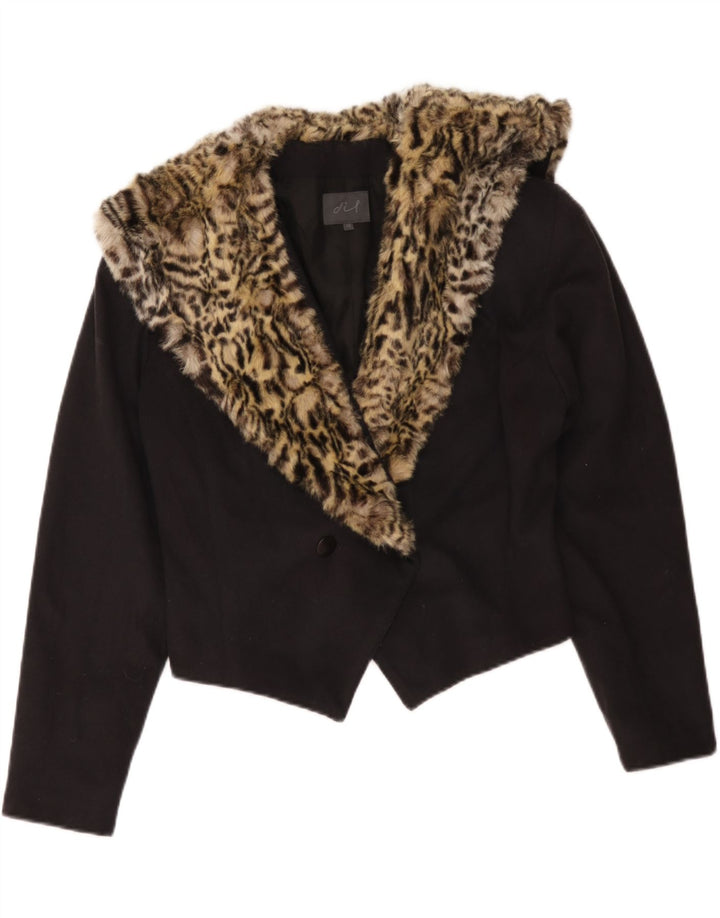 Vintage Damen Crop Blazer Jacke UK 14 Medium Schwarz Animal Print