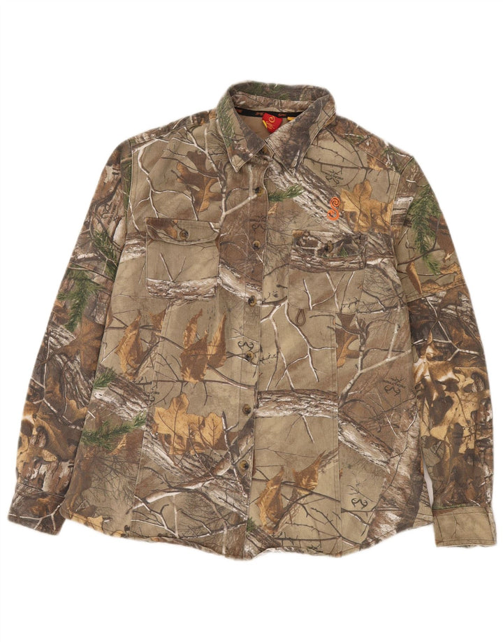 VINTAGE Damen-Hemd mit abstraktem Muster, UK 16, große Khaki-Farbblock-Baumwolle