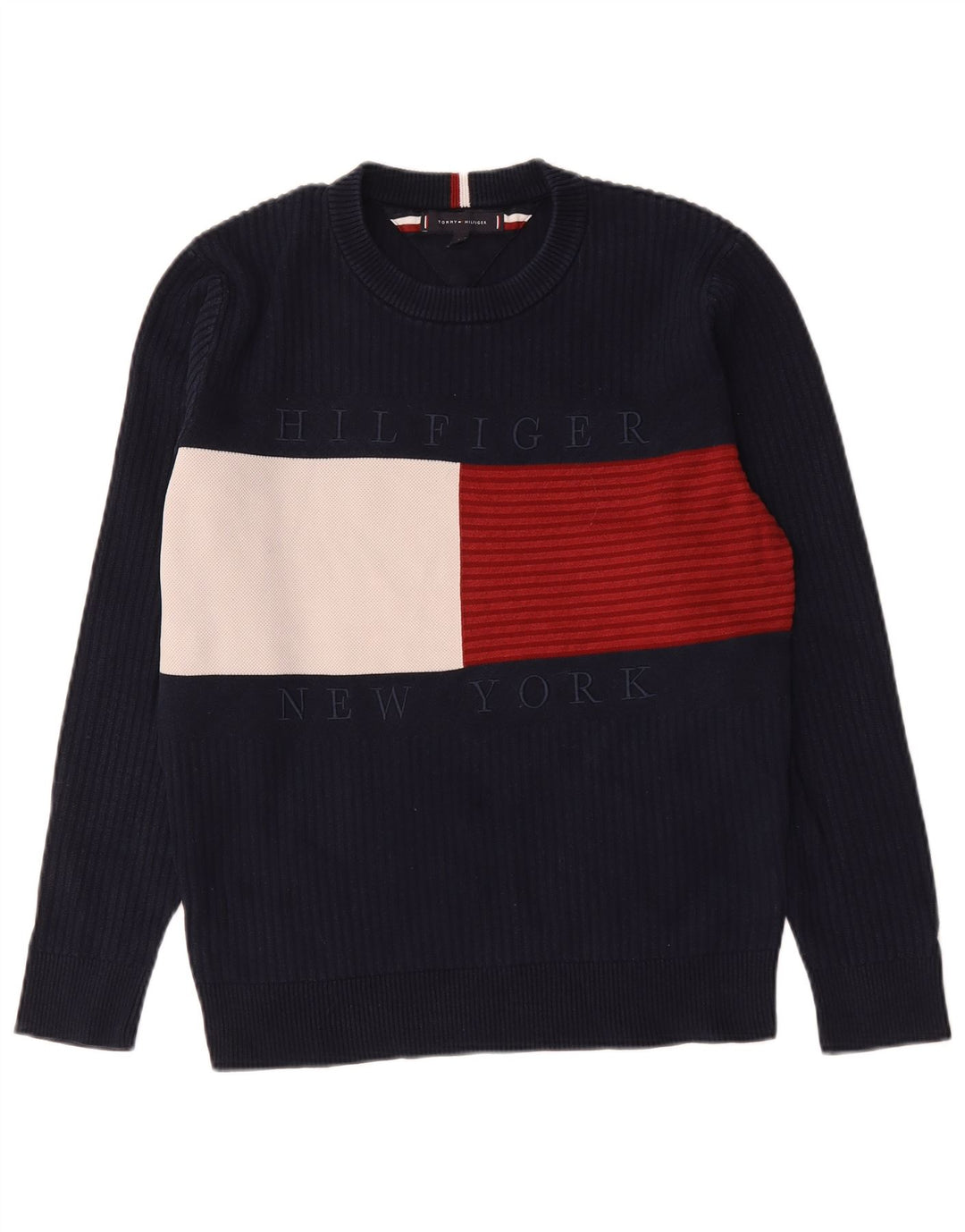 Tommy Hilfiger Herren-Pullover mit Rundhalsausschnitt, mittlerer Marineblau-Farbblock
