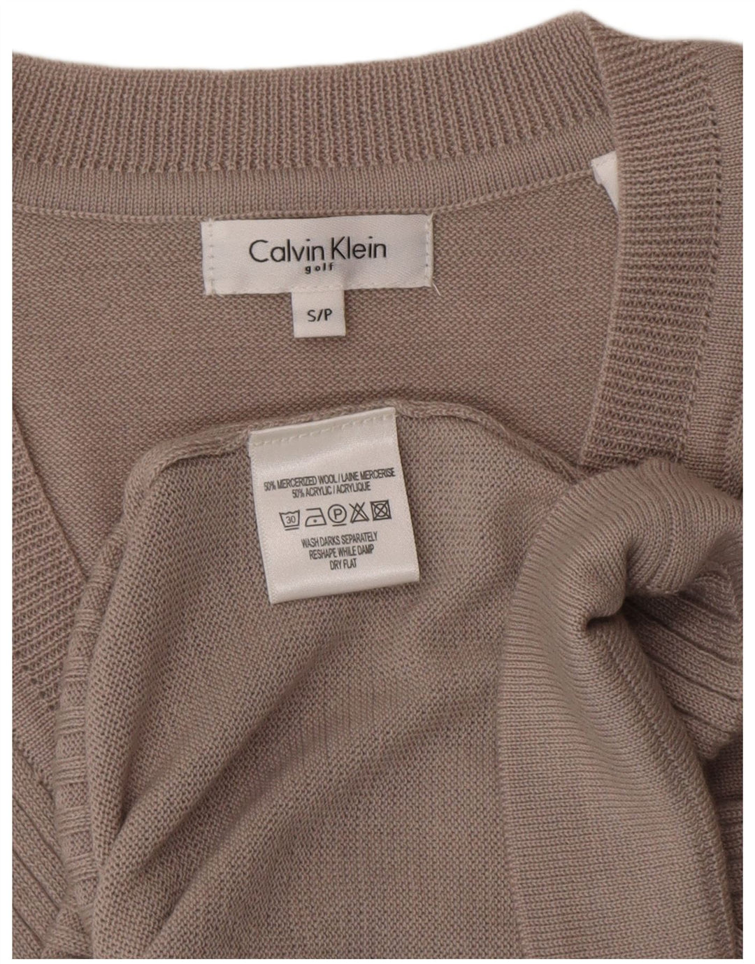 CALVIN KLEIN Damen Golf-Pullover mit V-Ausschnitt, Gr. 10, kleine beige Wolle