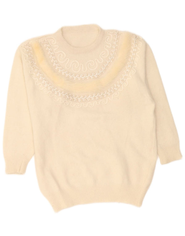 Vintage Damen Pullover mit Rundhalsausschnitt, Gr. 16, groß, aus weißer Paisley-Wolle