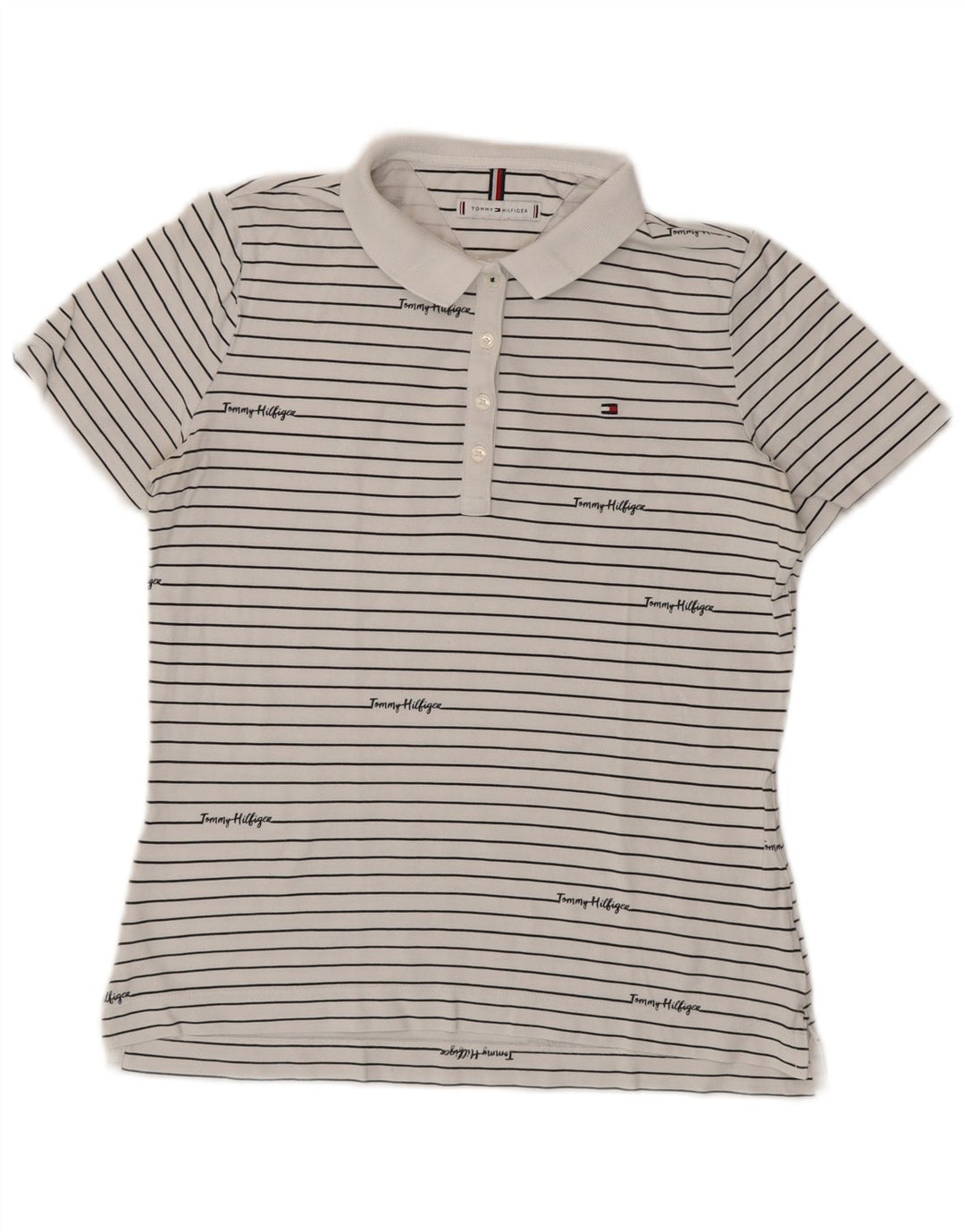 TOMMY HILFIGER Damen Grafik-Poloshirt UK 14 Mittelweiß gestreift