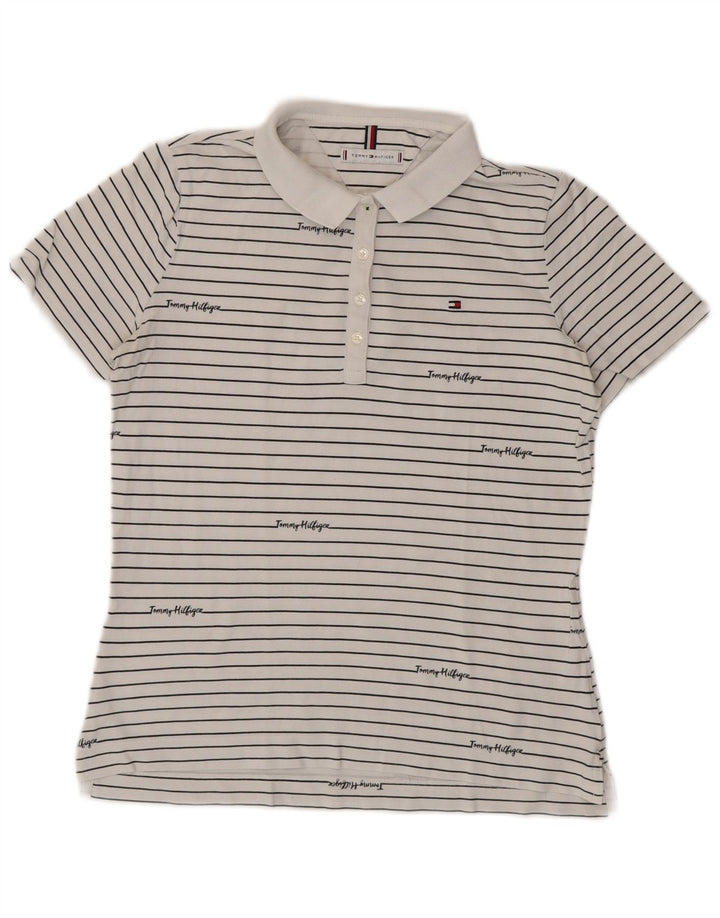 TOMMY HILFIGER Damen Grafik-Poloshirt UK 14 Mittelweiß gestreift
