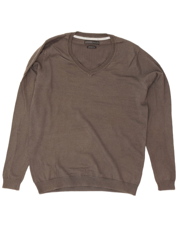 Zara Herren-Pullover mit V-Ausschnitt, groß, graue Baumwolle