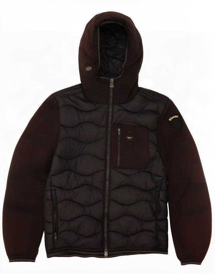 Blauer wattierte Herrenjacke mit Kapuze, UK 38, Mittelschwarz, Colourblock-Polyamid