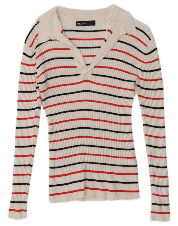 Marks & Spencer Damen Langarm-Poloshirt UK 8 Small Weiß gestreift