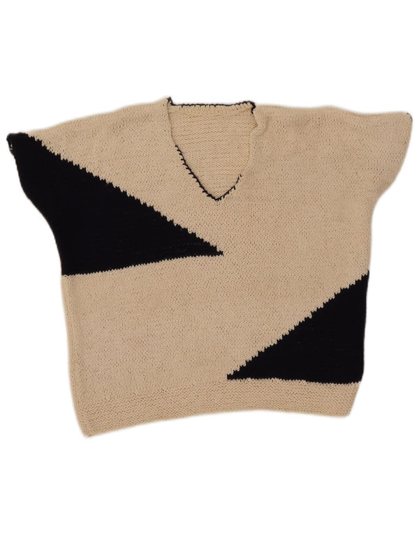 Vintage Damen Crop V-Ausschnitt Pullover Pullover UK 12 Mittelbeige Farbblock