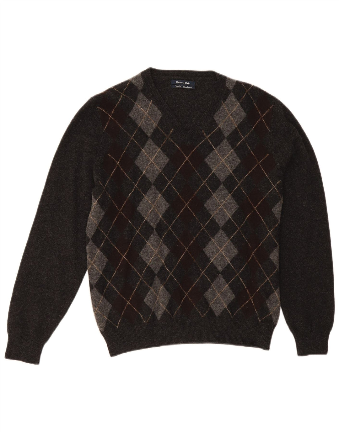 Massimo Dutti Herren-Pullover mit V-Ausschnitt, mittelgraue Argyle-/Diamantwolle