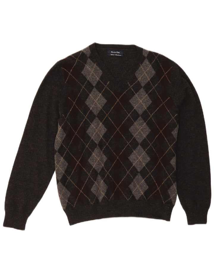 Massimo Dutti Herren-Pullover mit V-Ausschnitt, mittelgraue Argyle-/Diamantwolle
