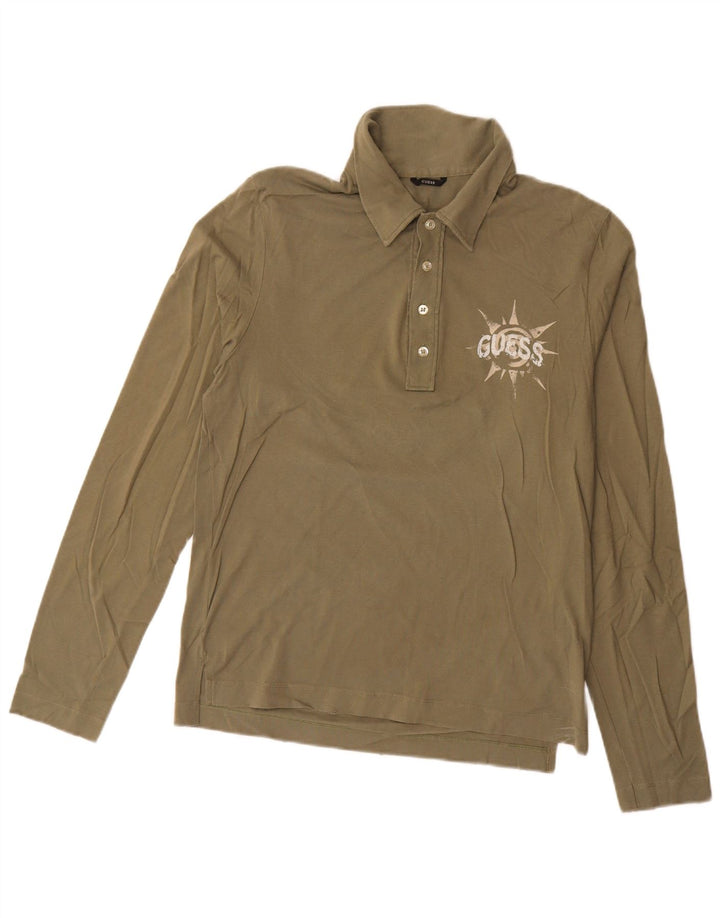Guess Herren-Poloshirt mit Grafik, langärmelig, mittlere Khaki-Baumwolle