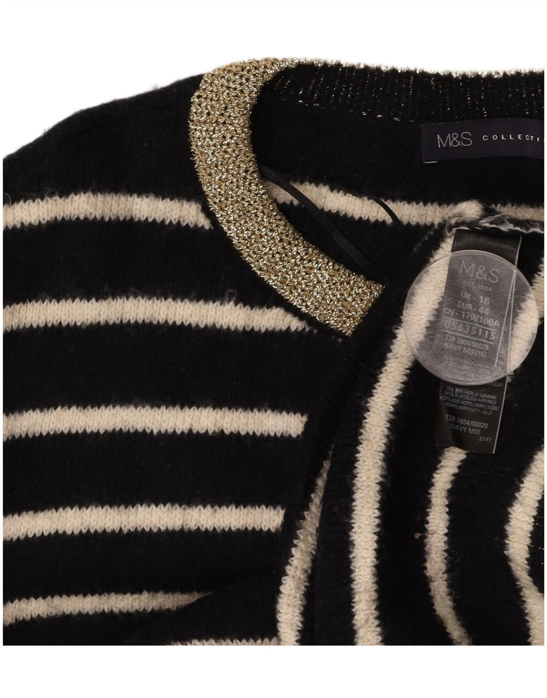 MARKS & SPENCER Damen-Pullover mit Rundhalsausschnitt, Gr. 16, Größe L, schwarz gestreift