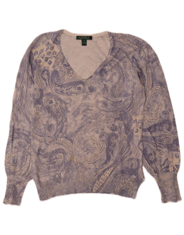 Ralph Lauren Damen-Pullover mit V-Ausschnitt, UK 12, mittelblaue Paisley-Seide