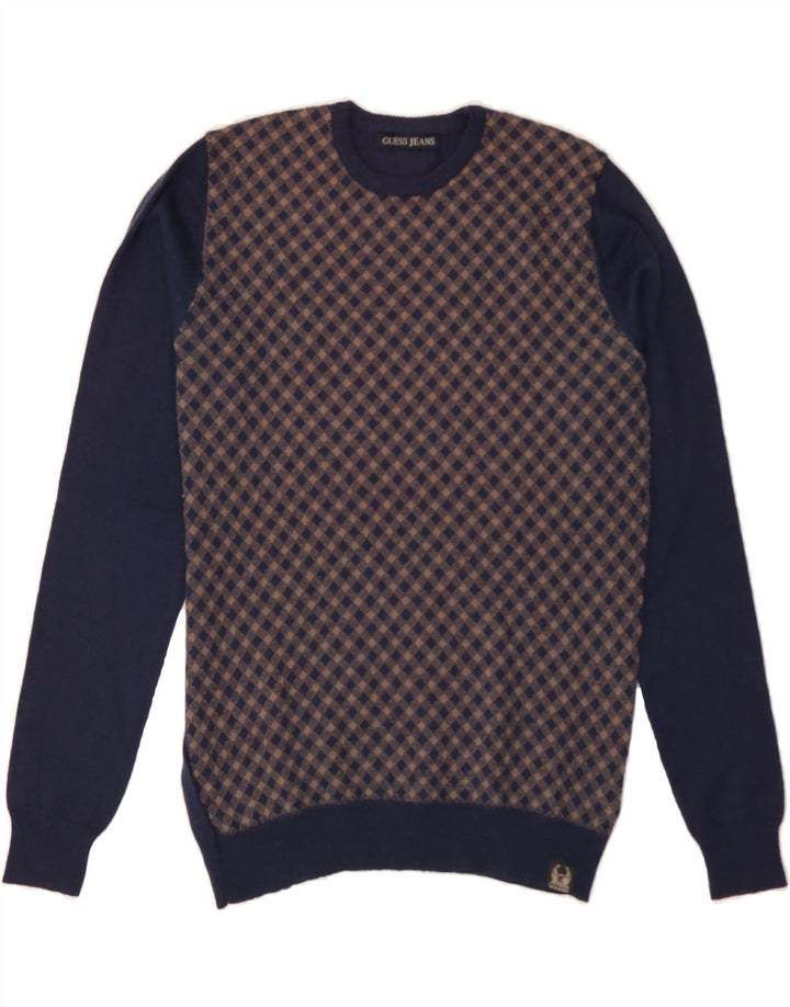 GUESS Mens Crew Neck Jumper Sweater Medium Navy Blue Argyle/Diamond Wool Vintage Guess and Second-Hand Guess from Messina Hembry 