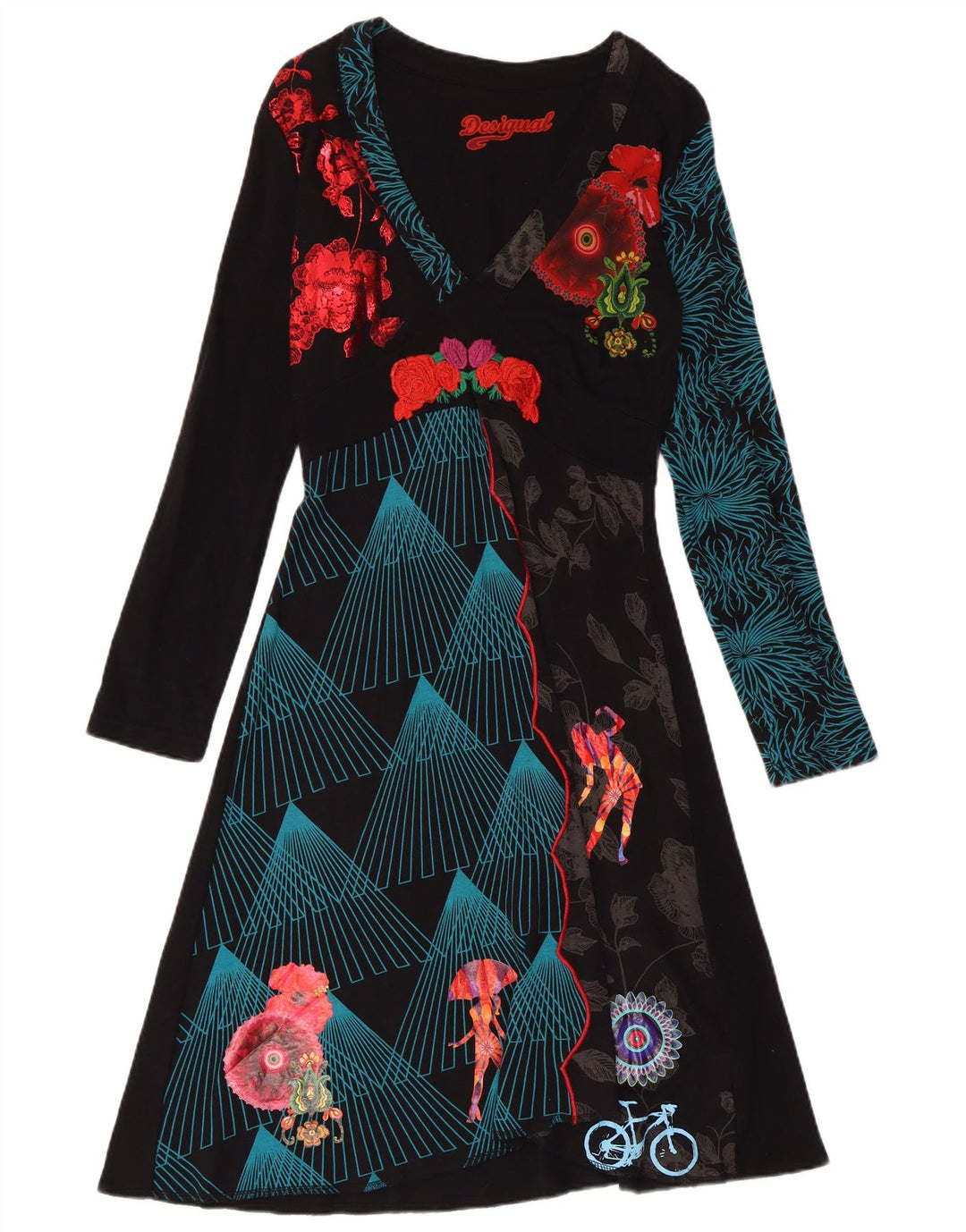 DESIGUAL Damen Grafik-Langarm-A-Linien-Kleid UK 18 XL Schwarz geblümt