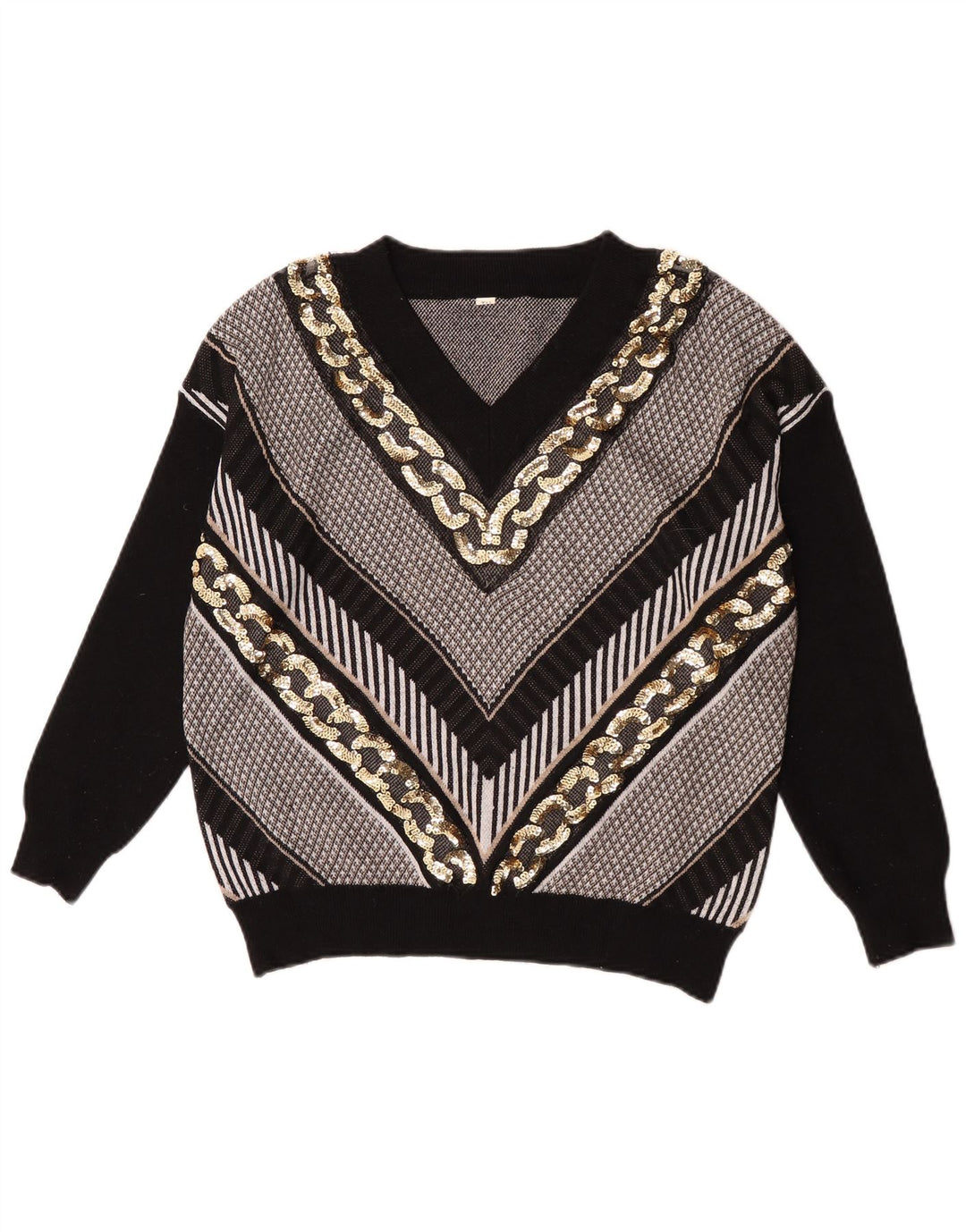 Vintage Damen V-Ausschnitt Pullover Pullover UK 14 Großes schwarz gestreiftes Polyester