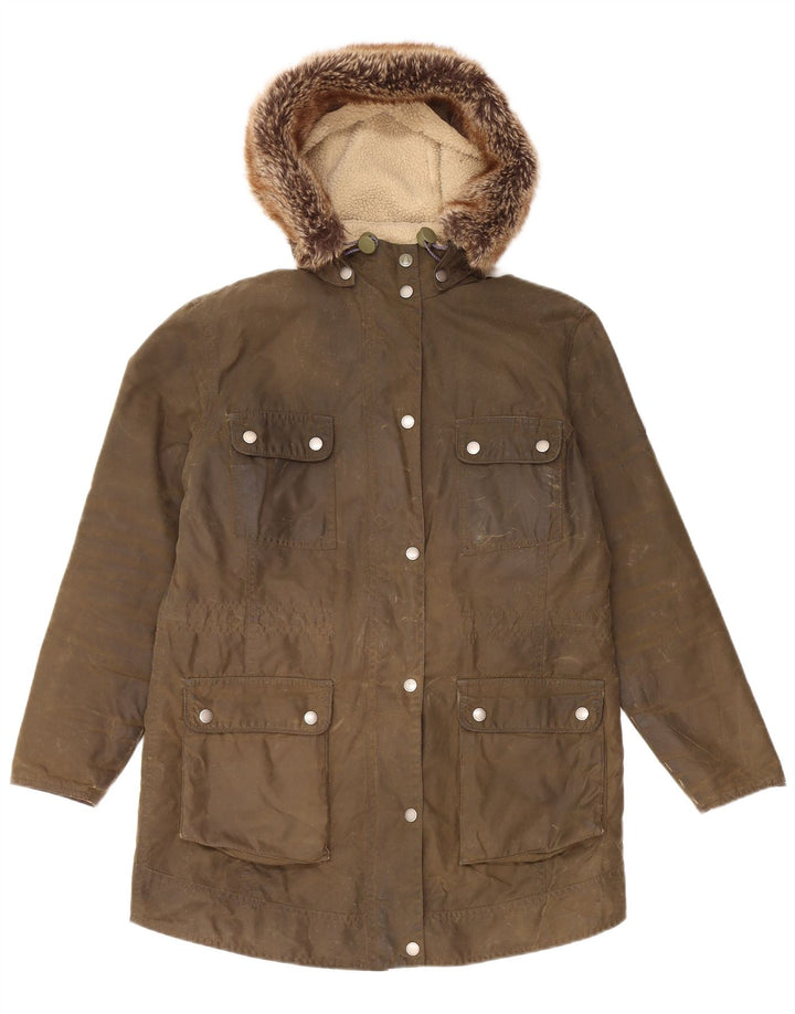 Barbour Damen-Jacke aus gewachster Baumwolle mit Kapuze, UK 12, mittlere Khaki-Baumwolle
