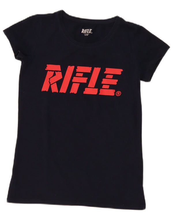 Rifle Womens Graphic T-Shirt Top UK 12 Medium Marineblau Baumwolle