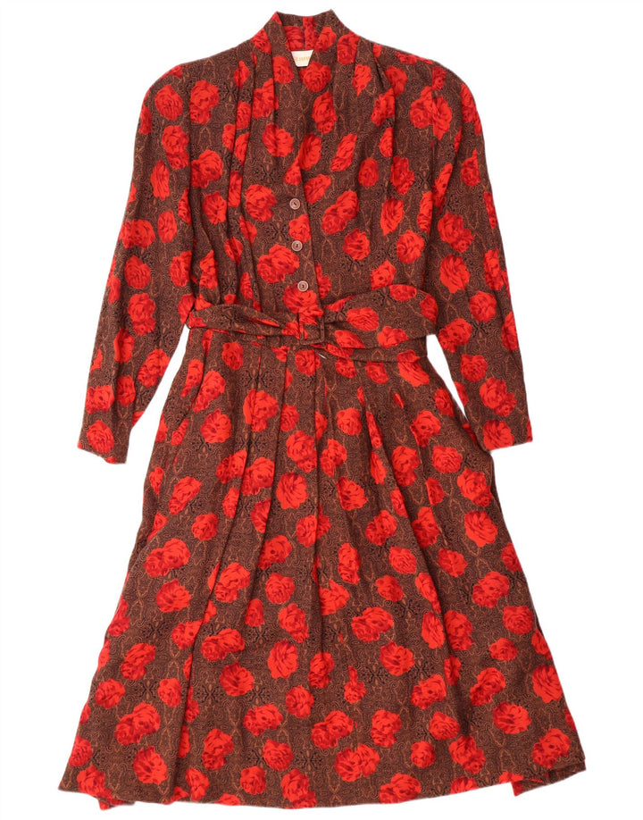 STANNER Damen Langarm-A-Linien-Kleid IT 42 Mittelbraune Wolle mit Blumenmuster