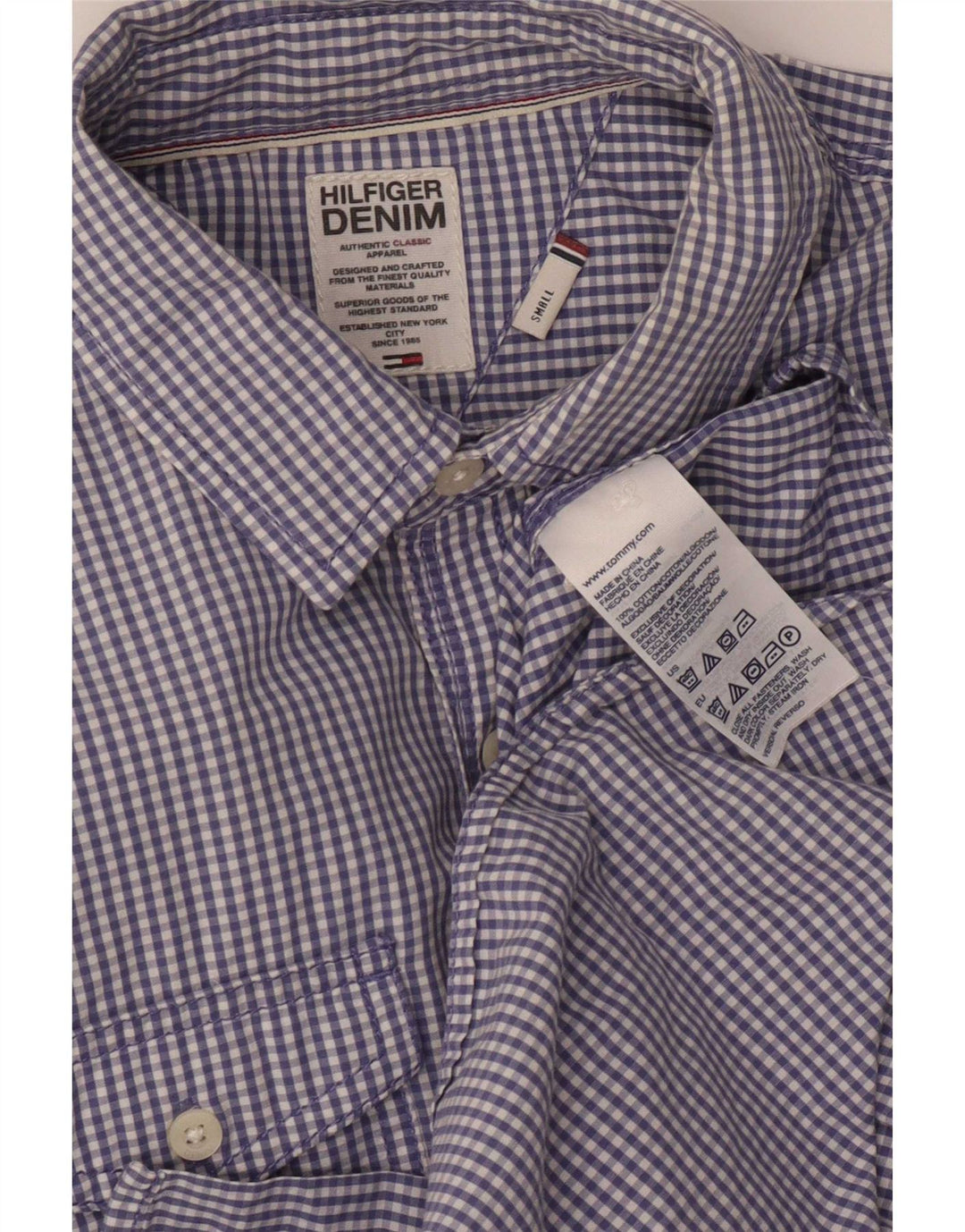 Tommy Hilfiger Herren-Militärhemd, kleine blaue Gingham-Baumwolle