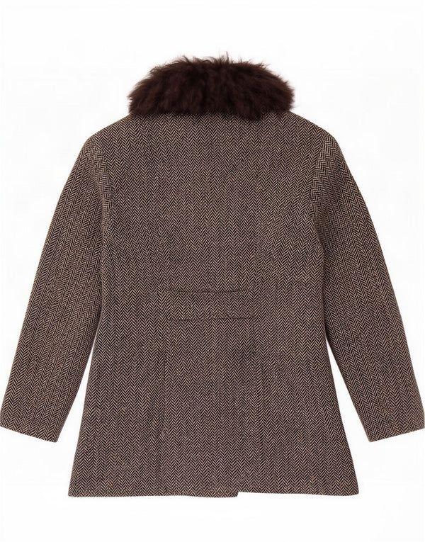 FIRMA Damen Zweireihiger Mantel UK 10 Small Graue Wolle mit Fischgrätenmuster