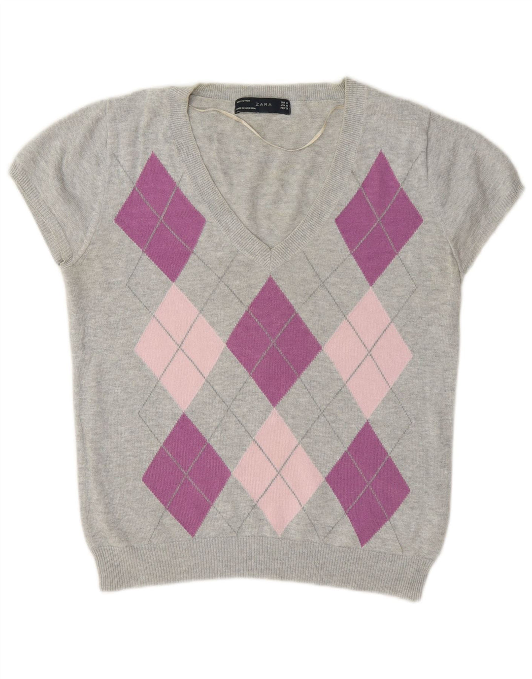 Zara Damen-Pullover mit V-Ausschnitt, UK 12, mittelgrau, Argyle/Diamant