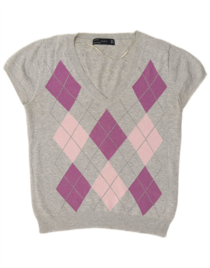 Zara Damen-Pullover mit V-Ausschnitt, UK 12, mittelgrau, Argyle/Diamant
