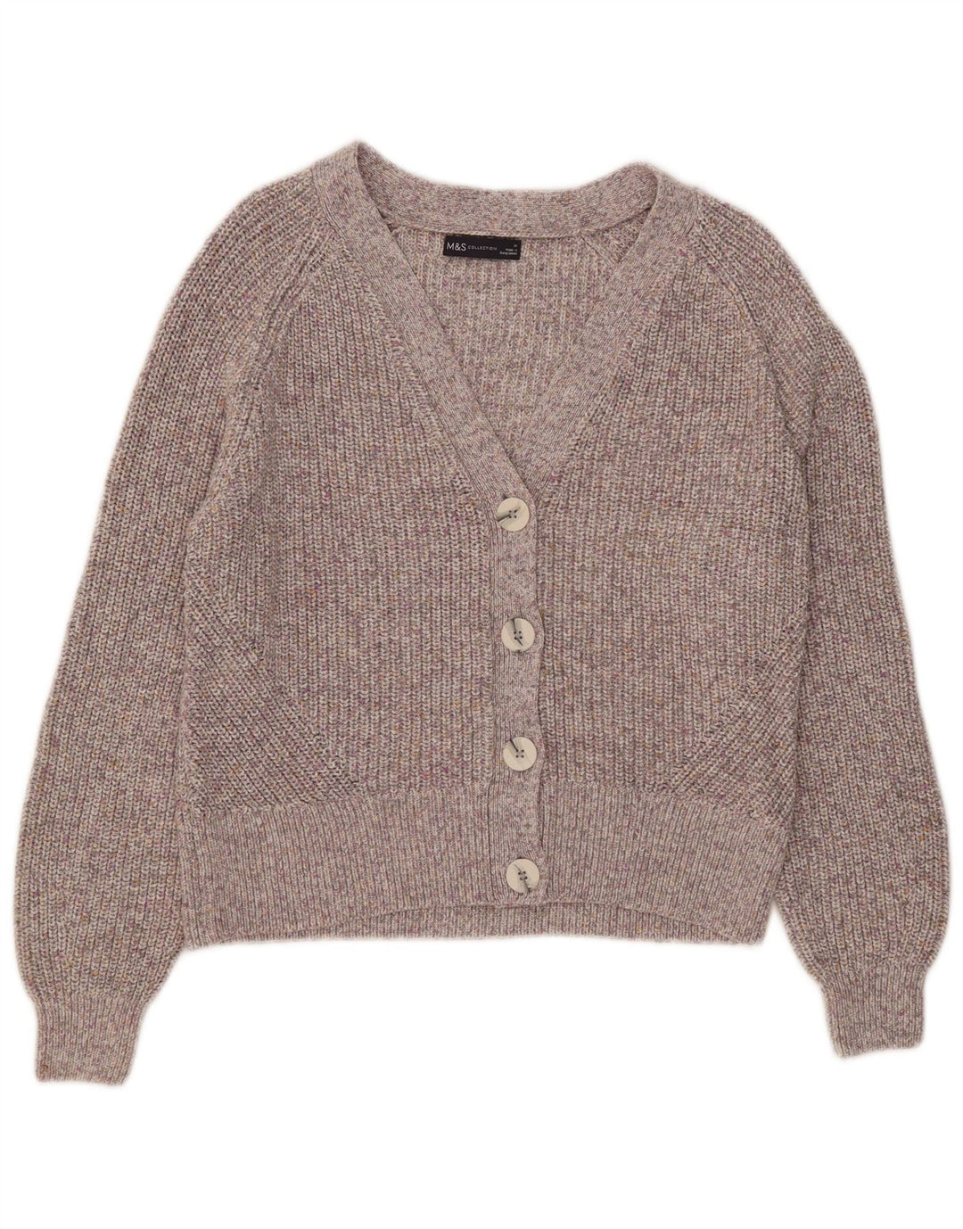 MARKS & SPENCER Damen-Cardigan-Pullover UK 14 Mittelgrau gefleckte Baumwolle