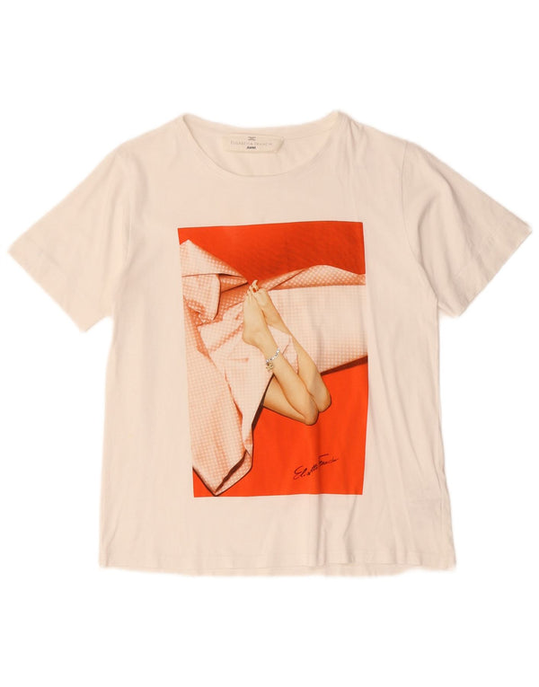 Elisabetta Franchi Grafik-T-Shirt-Oberteil für Damen, UK 12, mittelweiße Baumwolle