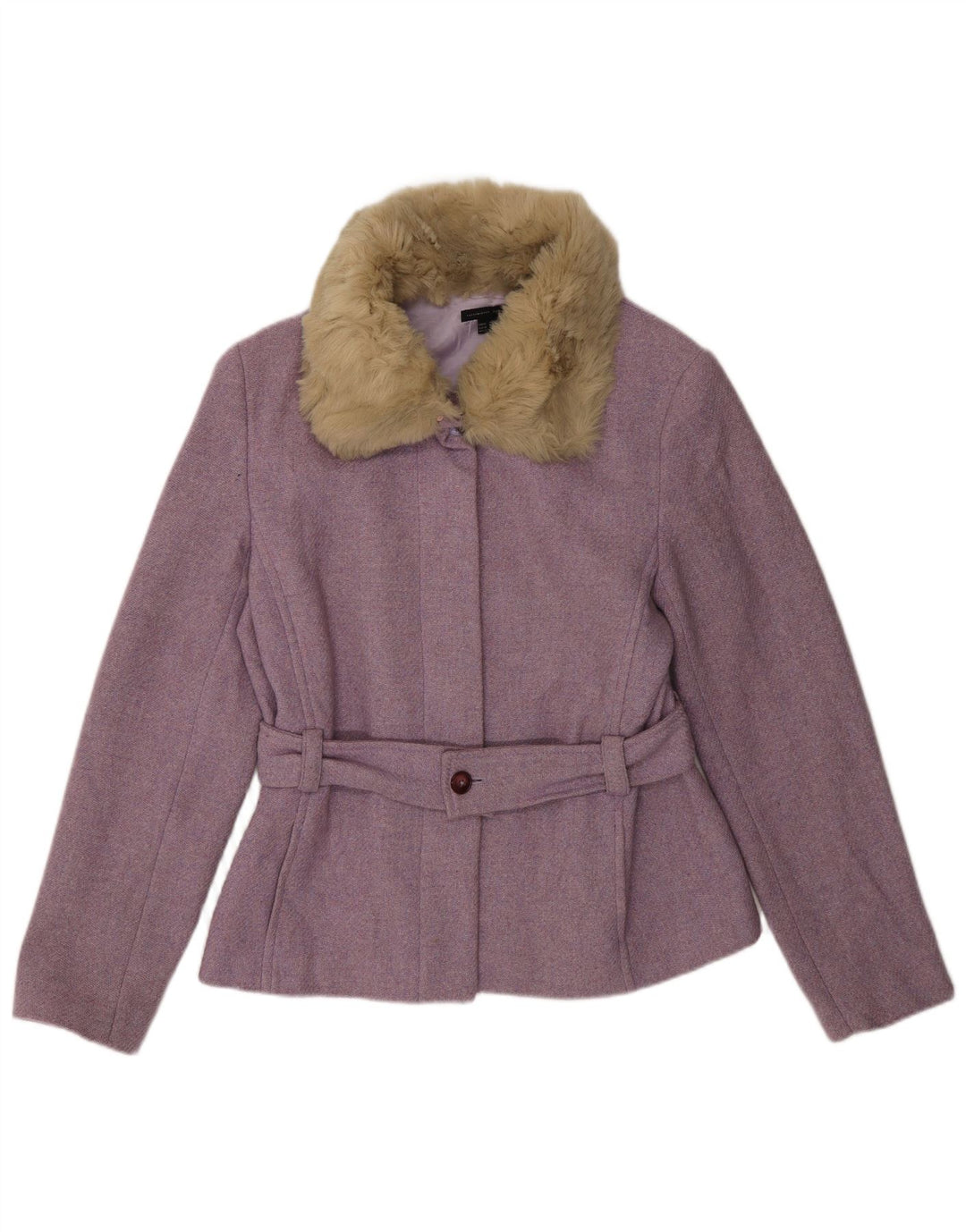 Zara Damen-Kunstpelzjacke, EU 42, mittellila, gefleckte Wolle, klassisch