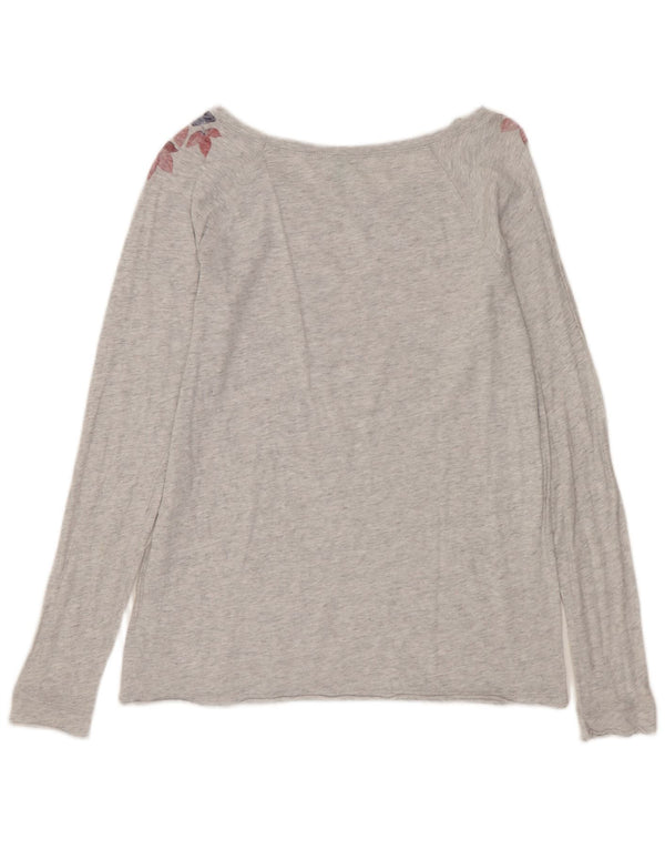Benetton Womens Graphic Top Langarm UK 12 Mittelgraue geblümte Baumwolle