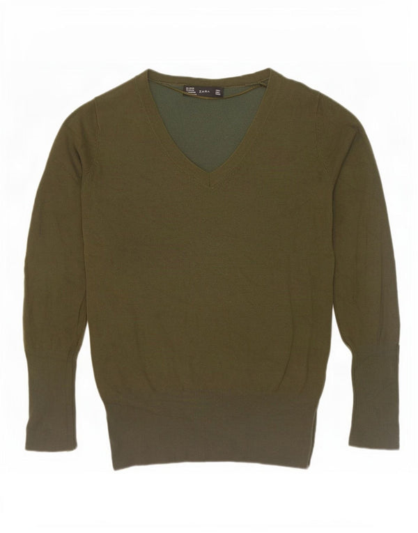 Zara Damen-Pullover mit V-Ausschnitt, Gr. 14, groß, Khaki, Viskose