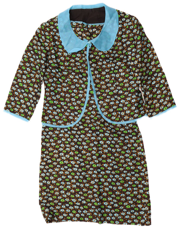 VINTAGE Damen 3/4-Ärmel 2-teiliges Set UK 14 Mittelschwarz geblümt