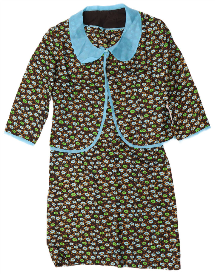 VINTAGE Damen 3/4-Ärmel 2-teiliges Set UK 14 Mittelschwarz geblümt