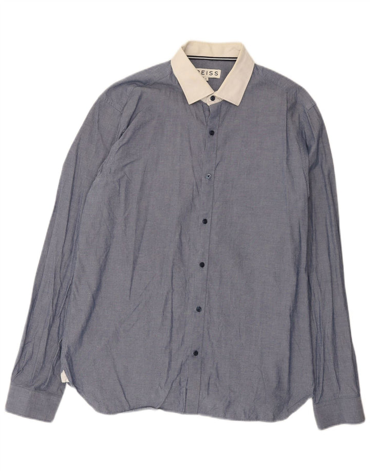 Reiss Herrenhemd XL Blau Colourblock Baumwolle
