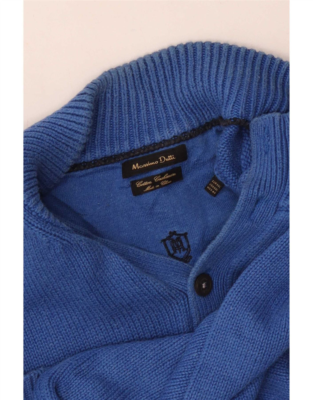 Massimo Dutti Herren-Pullover mit Knopfkragen, 2XL, blaue Baumwolle