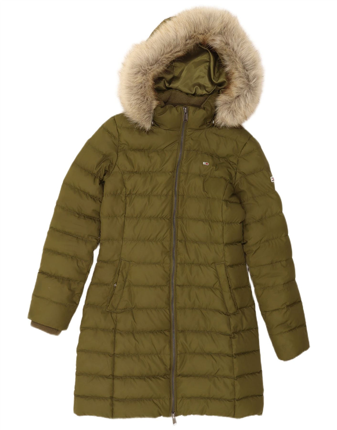 Tommy Hilfiger Wattierter Damenmantel mit Kapuze, UK 10, Größe S, Grün, Polyester
