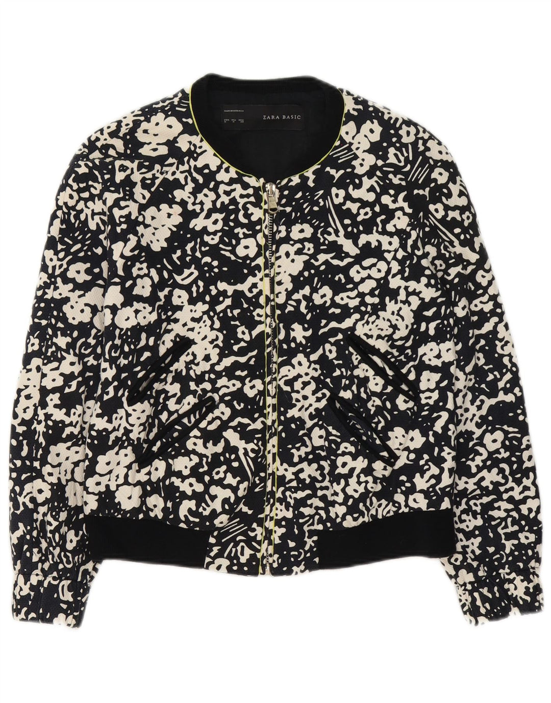 Zara Damen-Bomberjacke mit durchgehendem Reißverschluss, UK 14, mittlere schwarze Baumwolle mit Blumenmuster