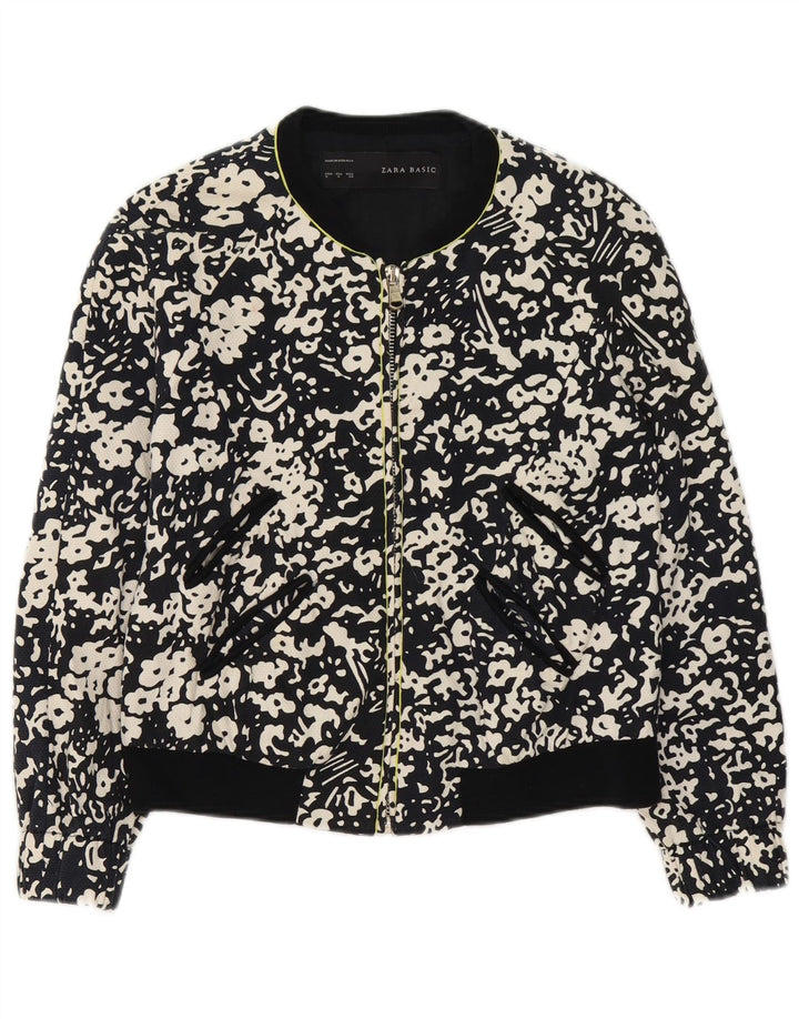 Zara Damen-Bomberjacke mit durchgehendem Reißverschluss, UK 14, mittlere schwarze Baumwolle mit Blumenmuster