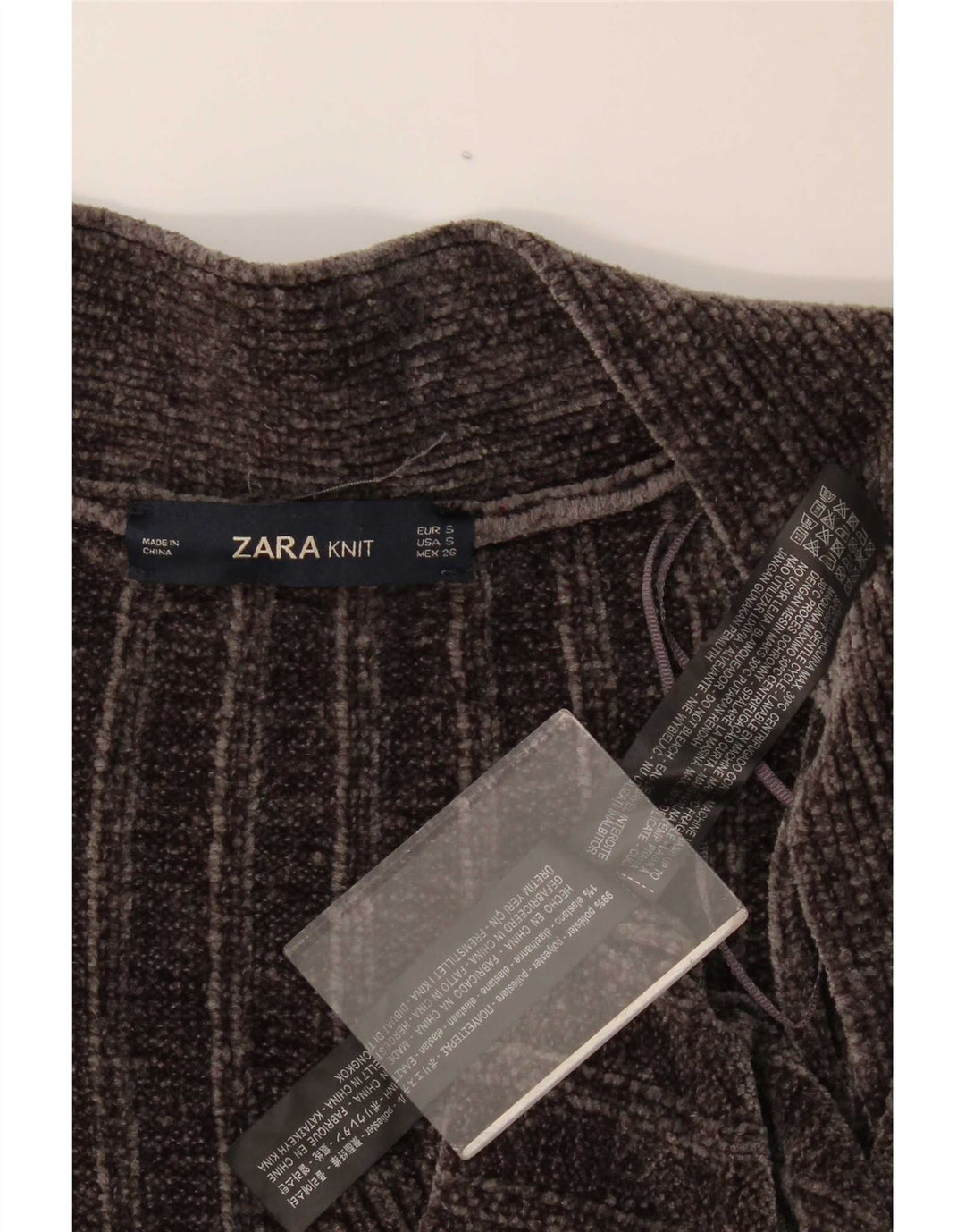 Zara Damen-Strickjacke, übergroß, lang geschnitten, Velours, Gr. 10, Größe S, Grau