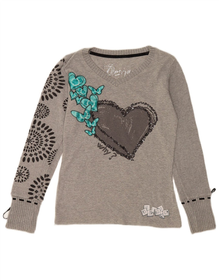 Desigual Damen Graphic Top Langarm UK 14 Mittelgraues Herz