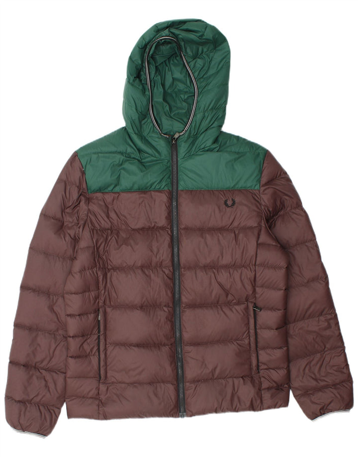 Fred Perry wattierte Herrenjacke mit Kapuze, UK 38, mittelbraunes Colourblock-Nylon