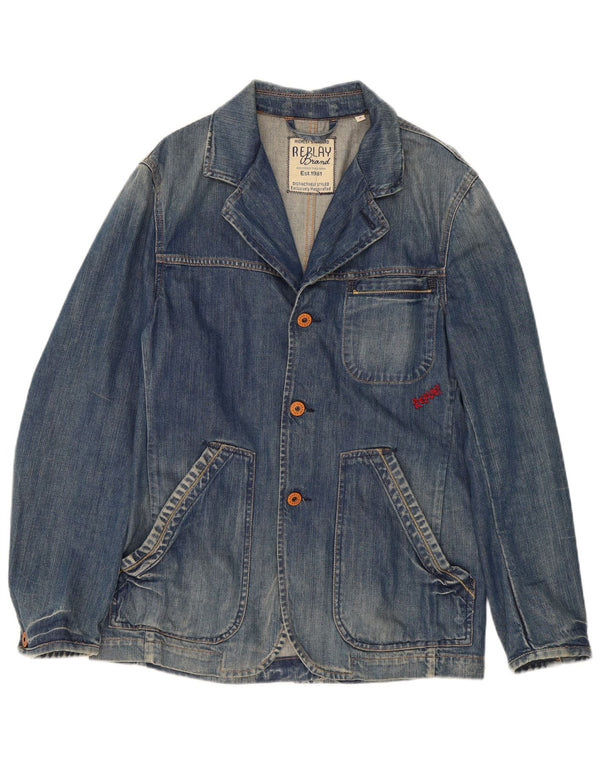 Replay Herren-Denim-Blazer mit 3 Knöpfen, UK 38, mittelblaue Baumwolle