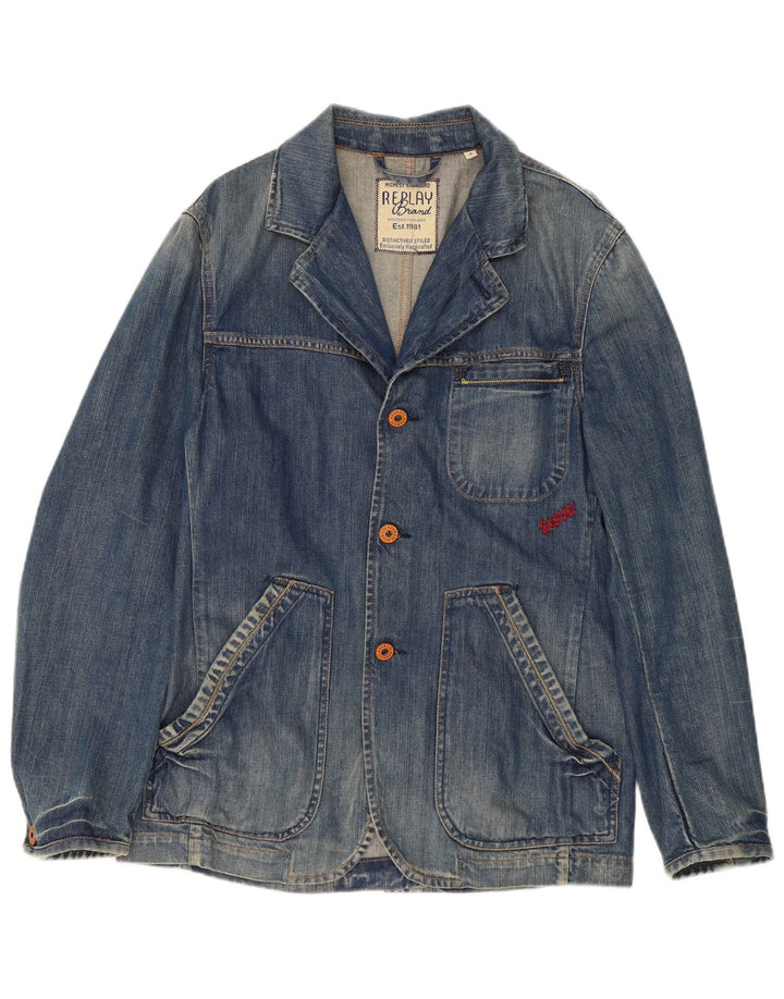 Replay Herren-Denim-Blazer mit 3 Knöpfen, UK 38, mittelblaue Baumwolle