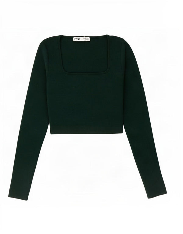 Zara Damen Crop Top Langarm UK 8 Small Grün