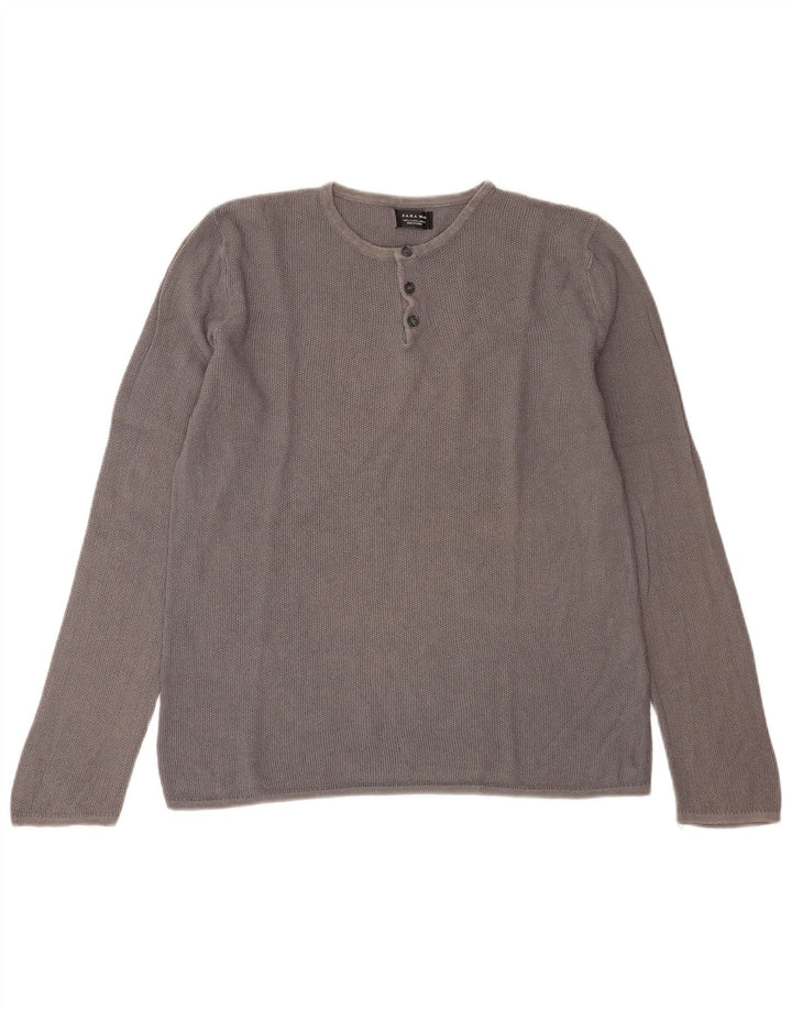 Zara Herren-Pullover mit Knopfkragen, Größe L, Grau