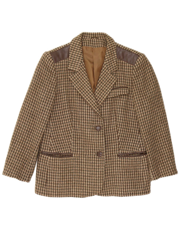 Vintage Damen 2-Knopf-Blazer-Jacke IT 48 XL Braune Hahnentritt-Wolle
