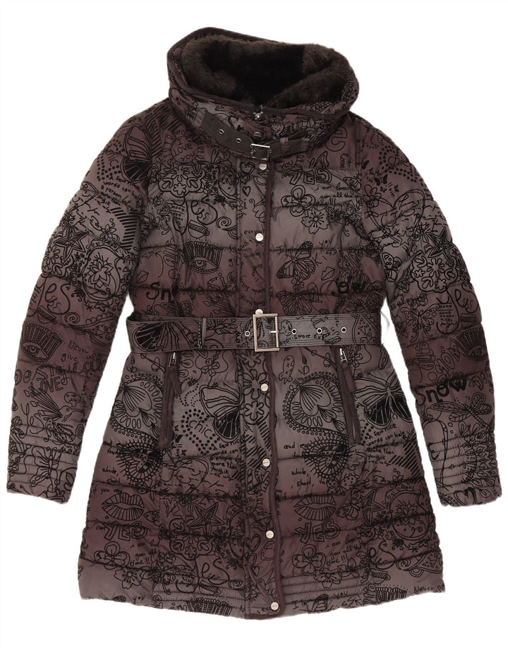 Desigual Damen Kapuzenmantel, gepolstert, EU 38, Mittelschwarz, Blumenmuster, Polyester