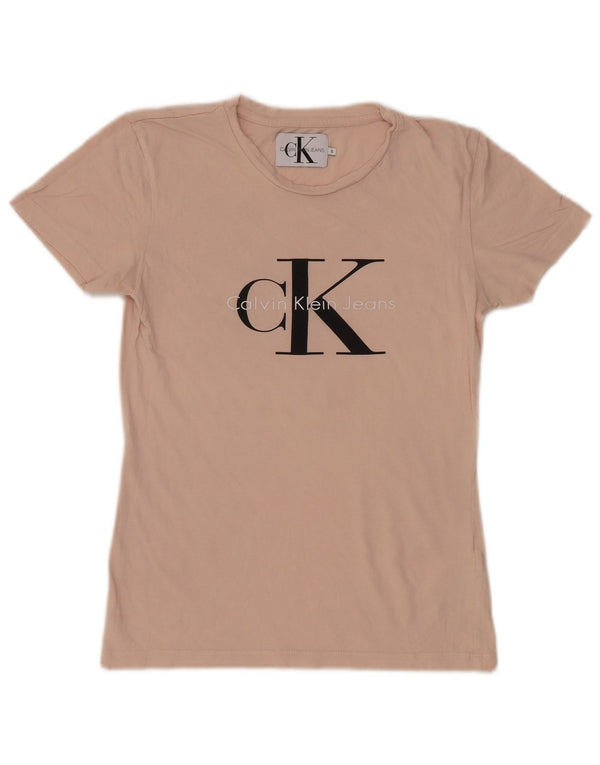 Calvin Klein Jeans Damen Grafik-T-Shirt Top UK 10 Small Beige Baumwolle